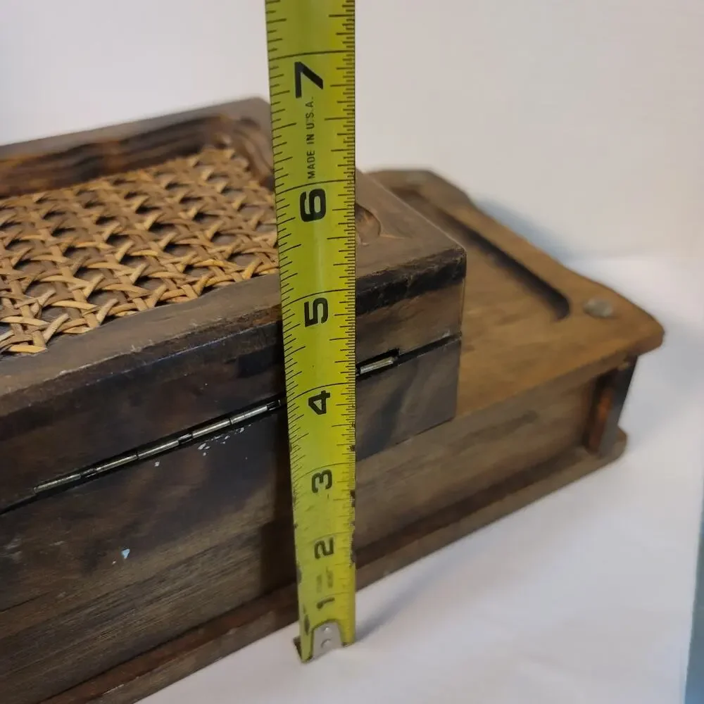 MCM tabletop valet Jewelry box Trinket Box Wood Rattan Vintage Watches rings